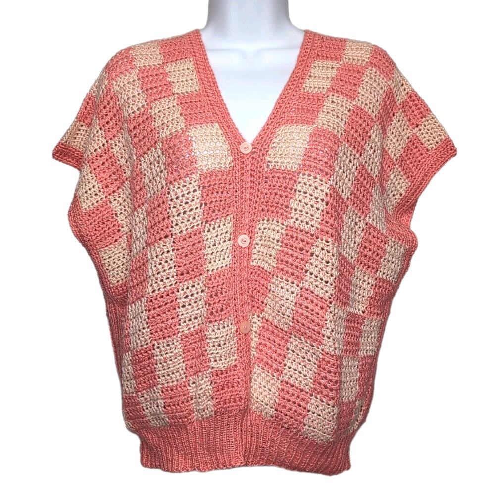 Hand Knit Handmade Pullover Sweater Vest Crop Top Size‎ M Peach Checkerboard NEW